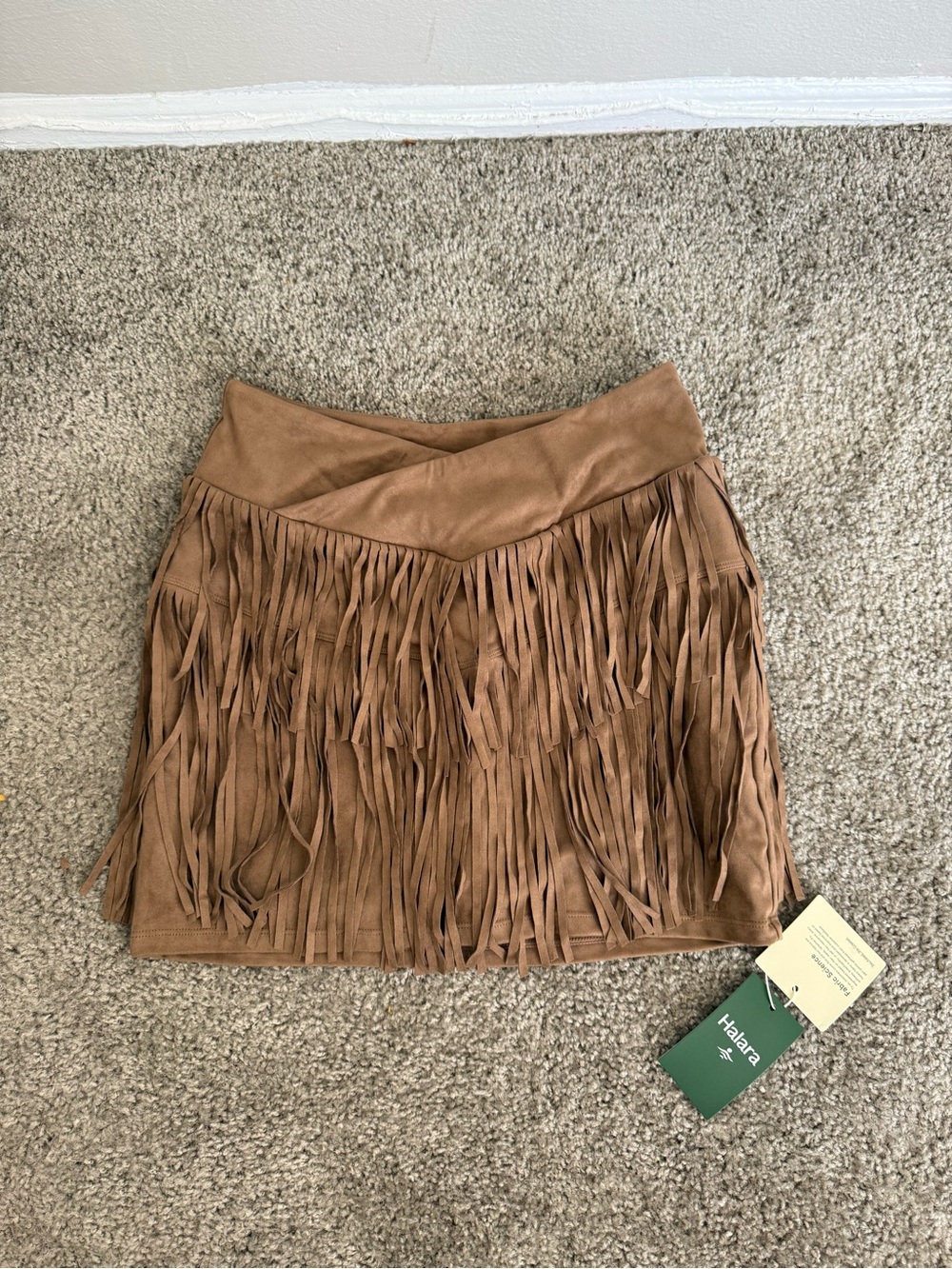 HALARA Tan Suede Fringe Mini Skirt